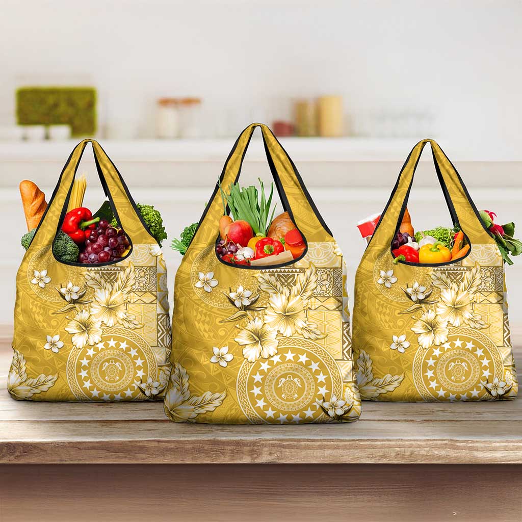 Cook Islands Grocery Bag Yellow Hibiscus And Stars LT05 3-pack One Size Yellow - Polynesian Pride
