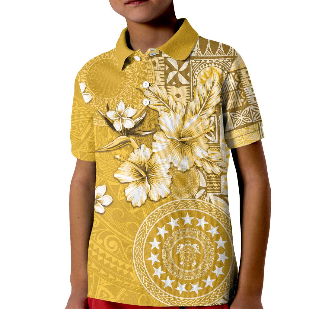 Cook Islands Kid Polo Shirt Yellow Hibiscus And Stars LT05 Kid Yellow - Polynesian Pride