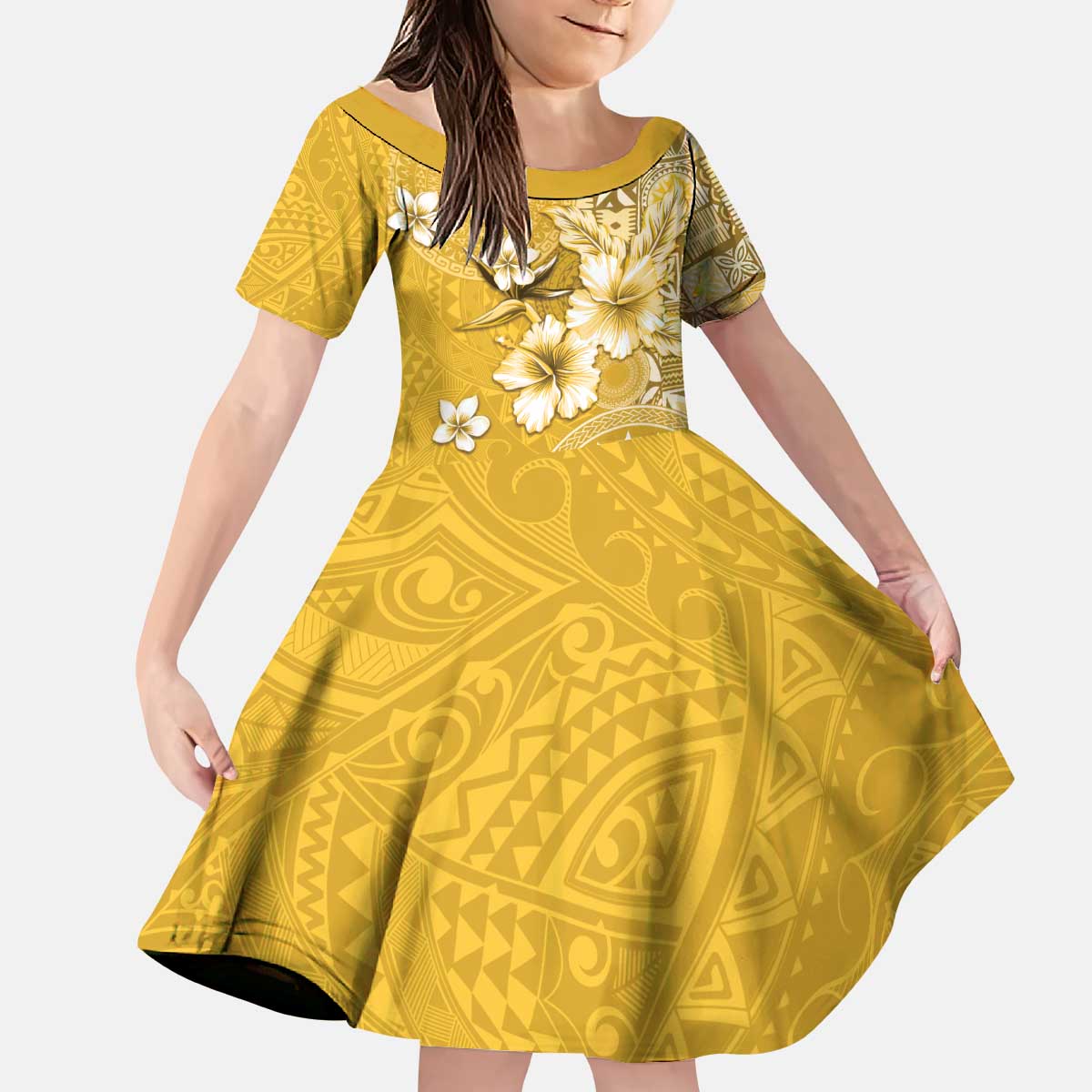 Cook Islands Kid Short Sleeve Dress Yellow Hibiscus And Stars LT05 KID Yellow - Polynesian Pride