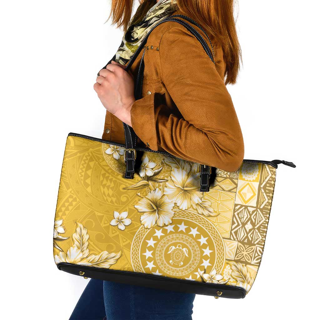 Cook Islands Leather Tote Bag Yellow Hibiscus And Stars LT05 Yellow - Polynesian Pride
