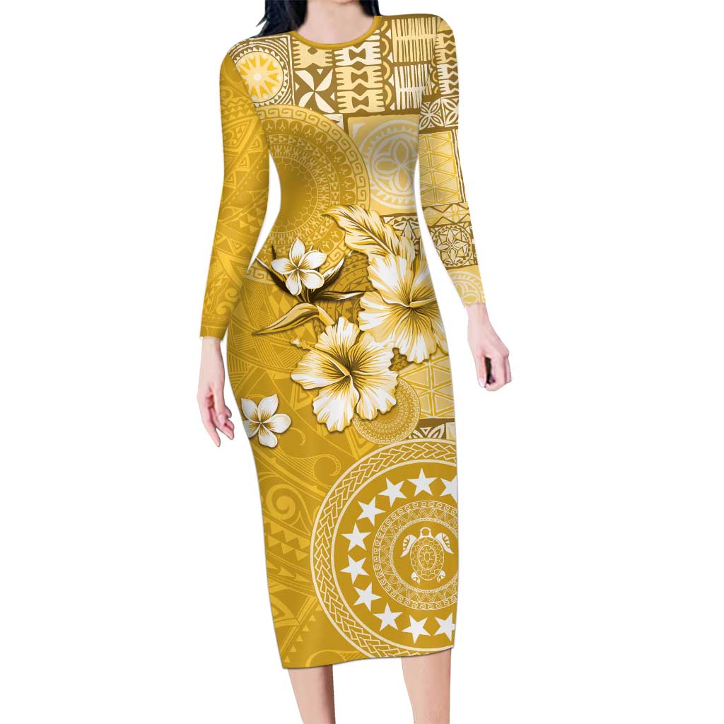 Cook Islands Long Sleeve Bodycon Dress Yellow Hibiscus And Stars LT05 Long Dress Yellow - Polynesian Pride