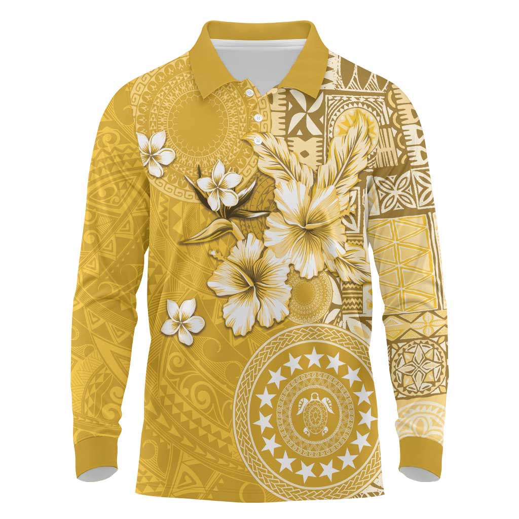 Cook Islands Long Sleeve Polo Shirt Yellow Hibiscus And Stars LT05 Yellow - Polynesian Pride