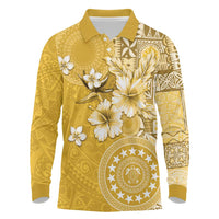 Cook Islands Long Sleeve Polo Shirt Yellow Hibiscus And Stars LT05 Yellow - Polynesian Pride