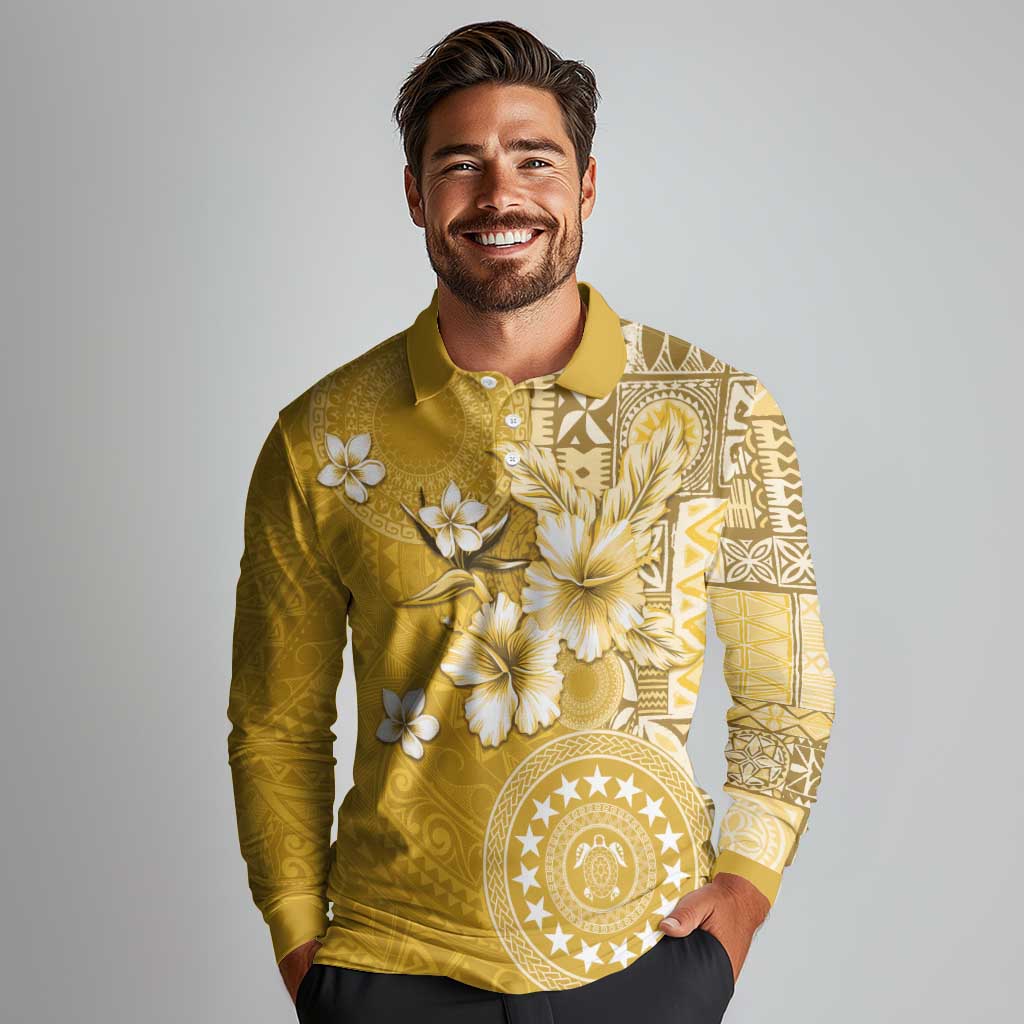 Cook Islands Long Sleeve Polo Shirt Yellow Hibiscus And Stars LT05 - Polynesian Pride