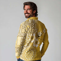 Cook Islands Long Sleeve Polo Shirt Yellow Hibiscus And Stars LT05 - Polynesian Pride