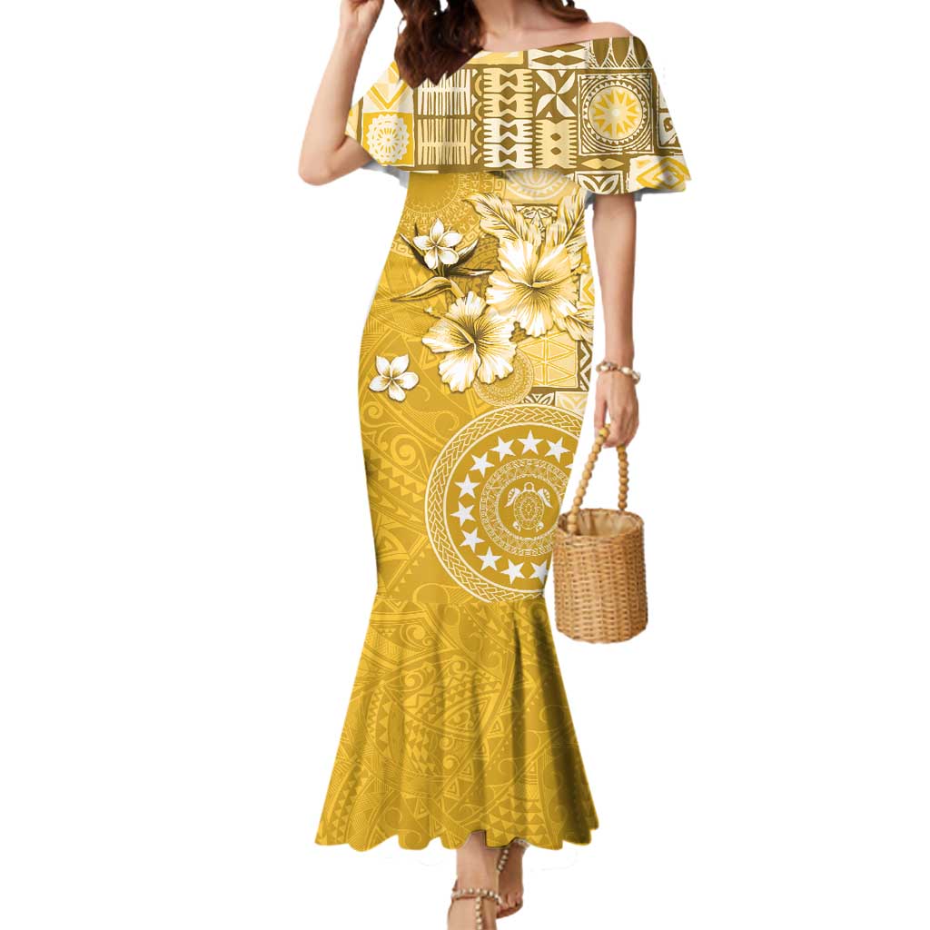 Cook Islands Mermaid Dress Yellow Hibiscus And Stars LT05 Women Yellow - Polynesian Pride