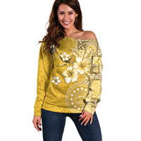 Cook Islands Off Shoulder Sweater Yellow Hibiscus And Stars LT05 Women Yellow - Polynesian Pride