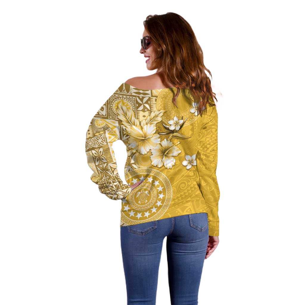 Cook Islands Off Shoulder Sweater Yellow Hibiscus And Stars LT05 - Polynesian Pride