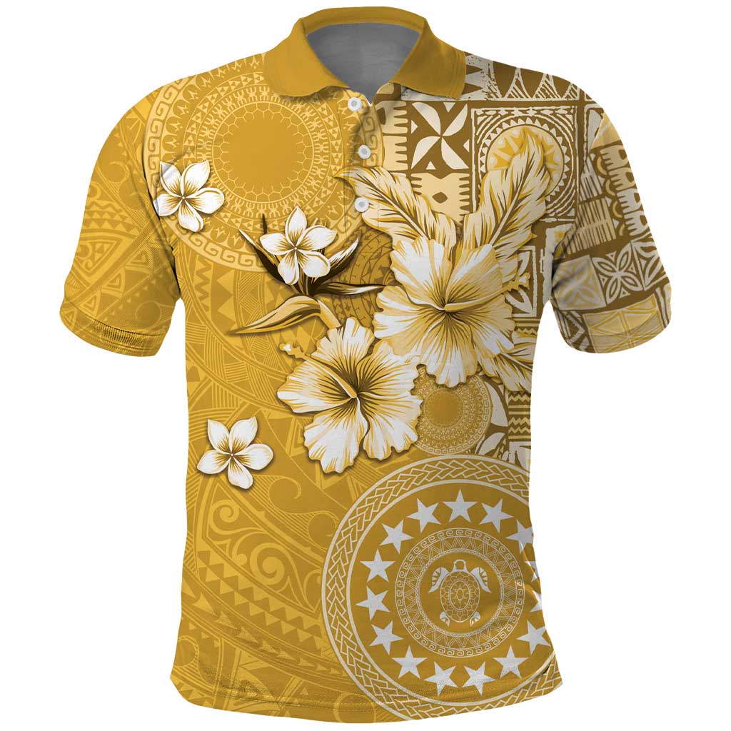 Cook Islands Polo Shirt Yellow Hibiscus And Stars LT05 Yellow - Polynesian Pride