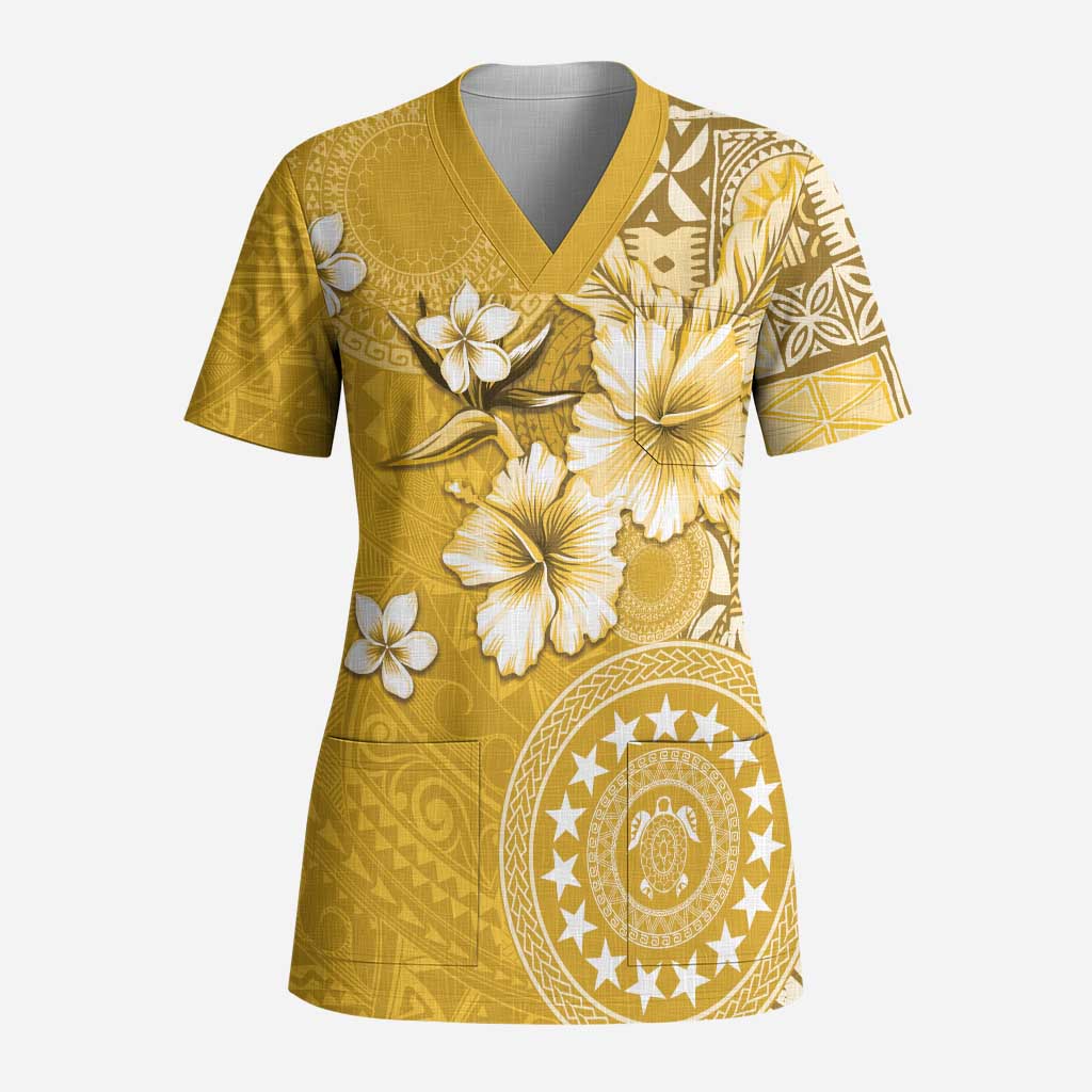 Cook Islands Scrub Top Yellow Hibiscus And Stars LT05 Adult Yellow - Polynesian Pride