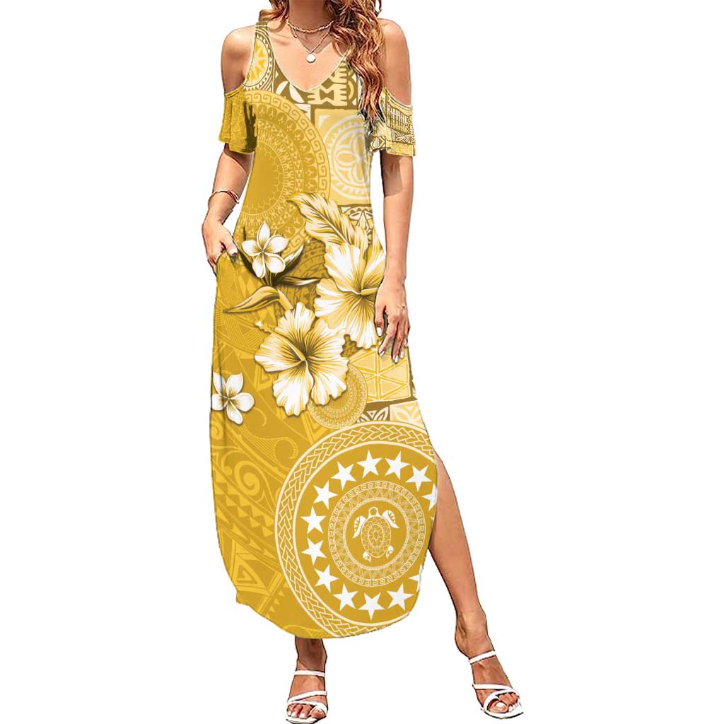 Cook Islands Summer Maxi Dress Yellow Hibiscus And Stars