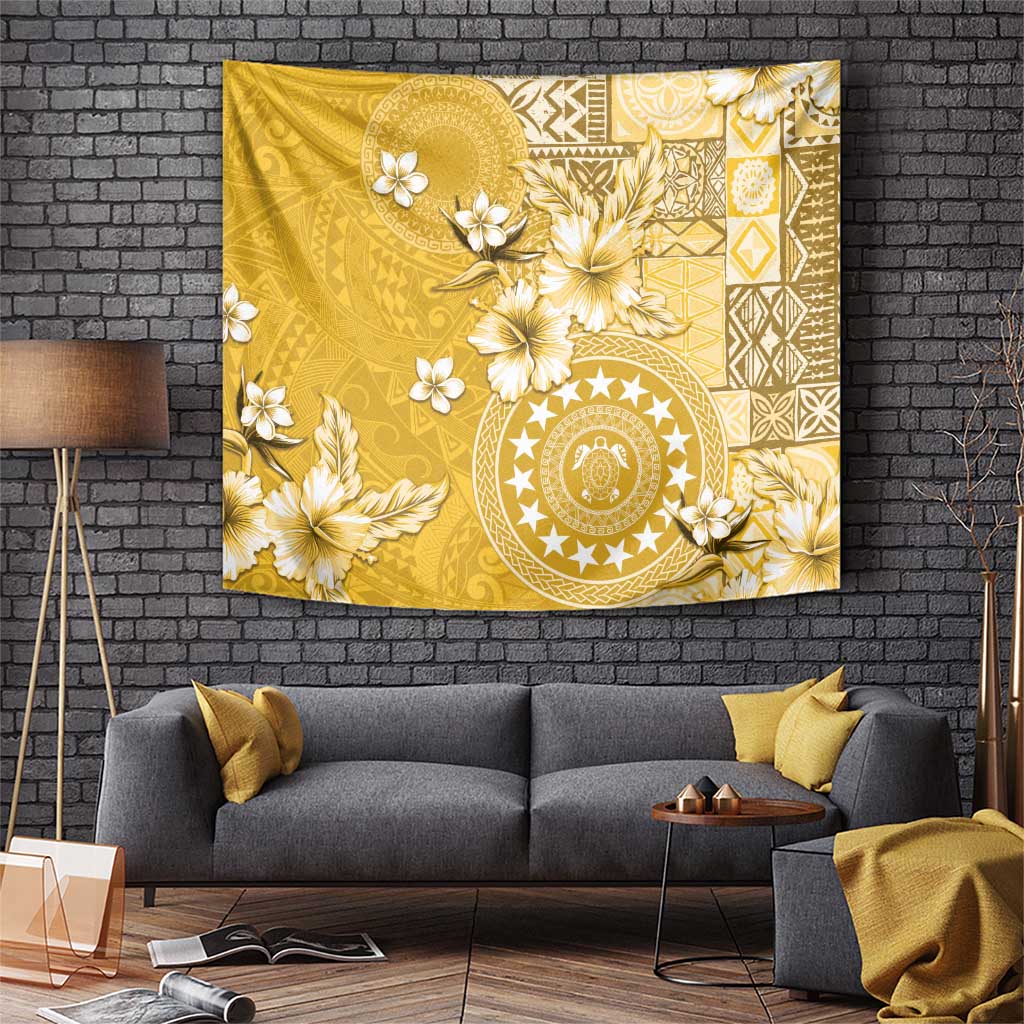 Cook Islands Tapestry Yellow Hibiscus And Stars LT05 Yellow - Polynesian Pride