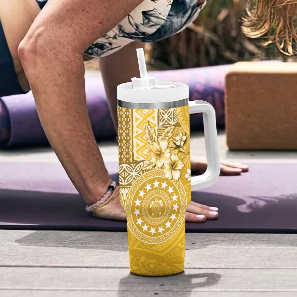 Cook Islands Tumbler With Handle Yellow Hibiscus And Stars LT05 - Polynesian Pride