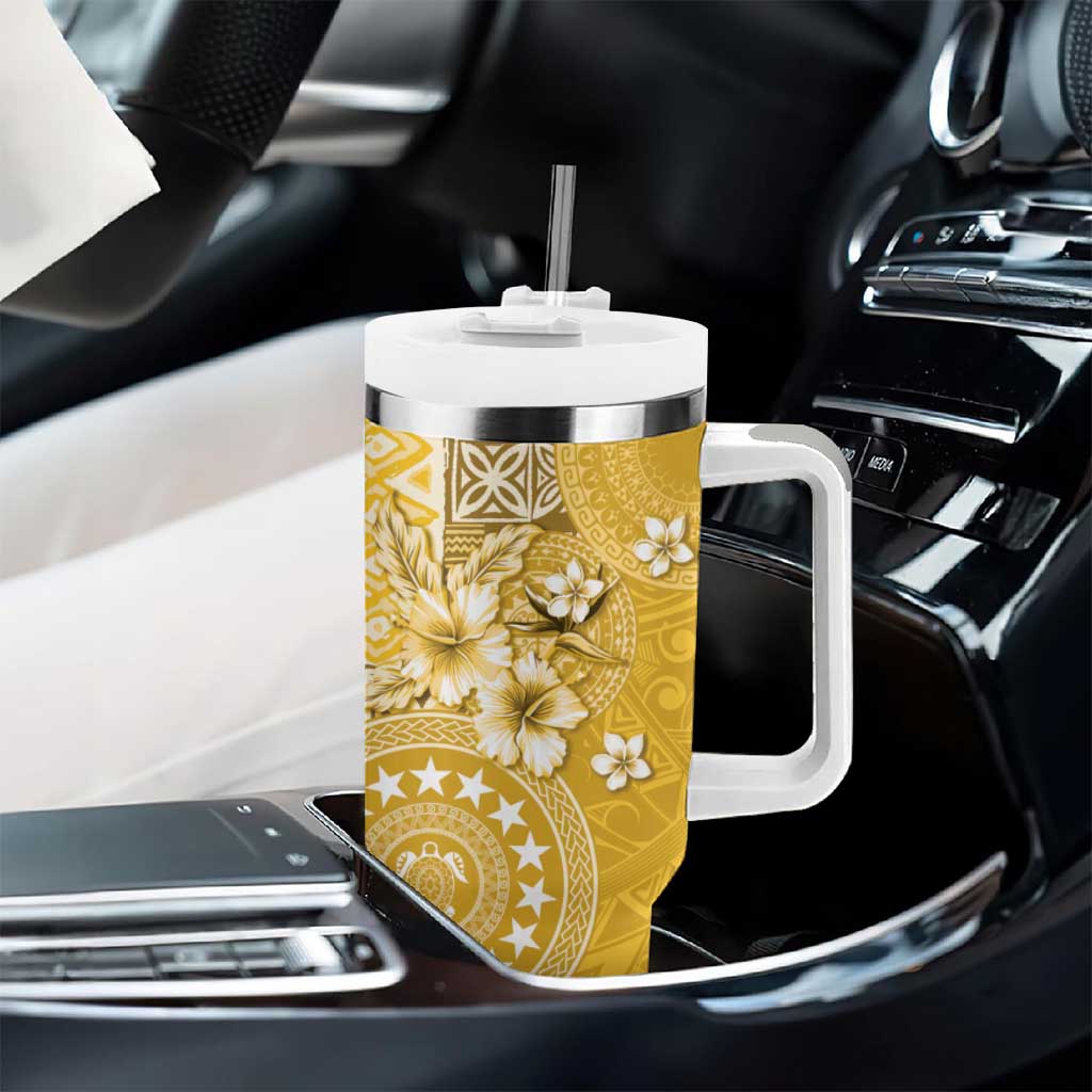 Cook Islands Tumbler With Handle Yellow Hibiscus And Stars LT05 - Polynesian Pride