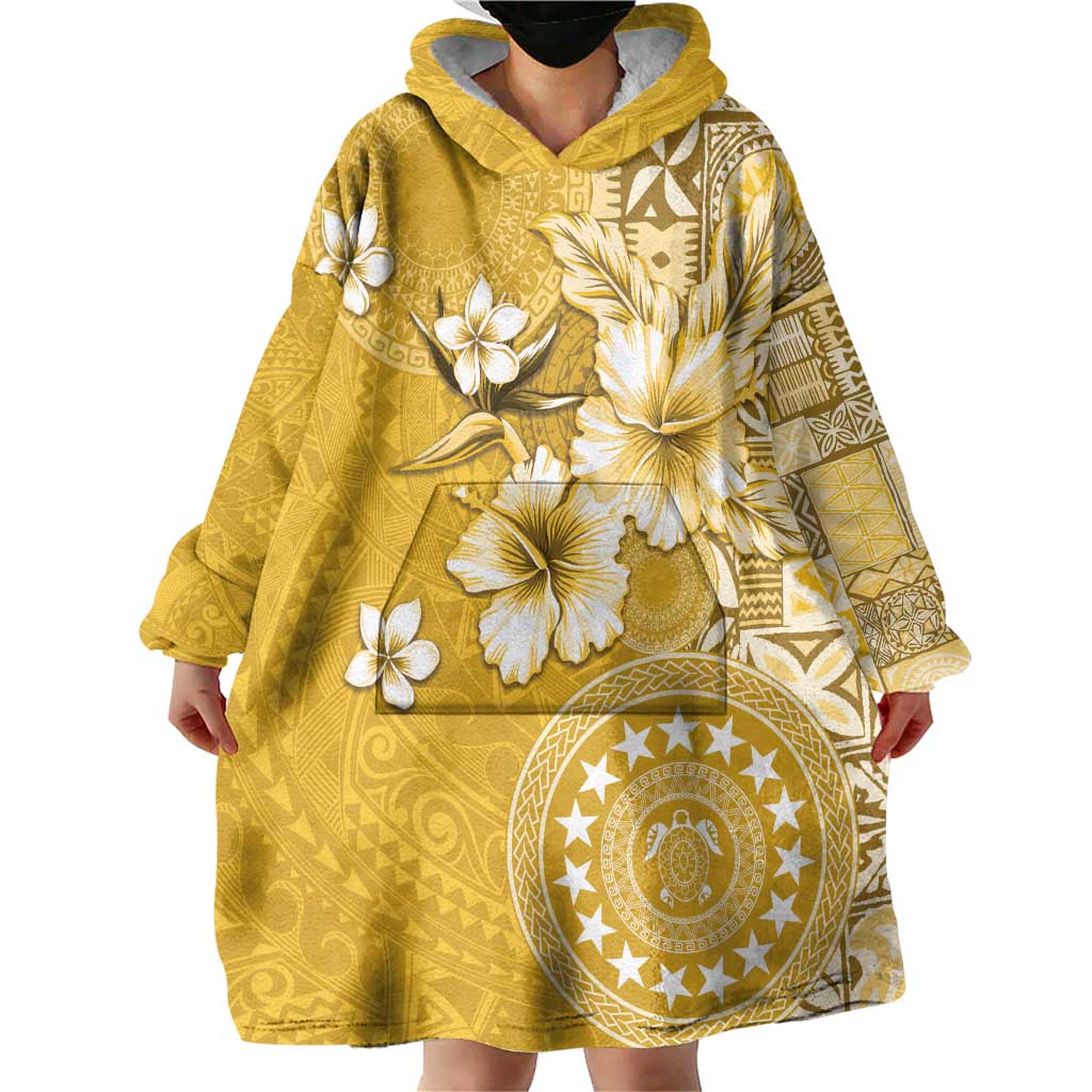 Cook Islands Wearable Blanket Hoodie Yellow Hibiscus And Stars LT05 - Polynesian Pride