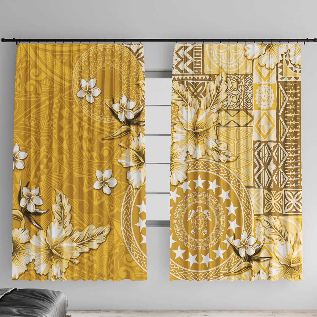 Cook Islands Window Curtain Yellow Hibiscus And Stars LT05 With Hooks Yellow - Polynesian Pride