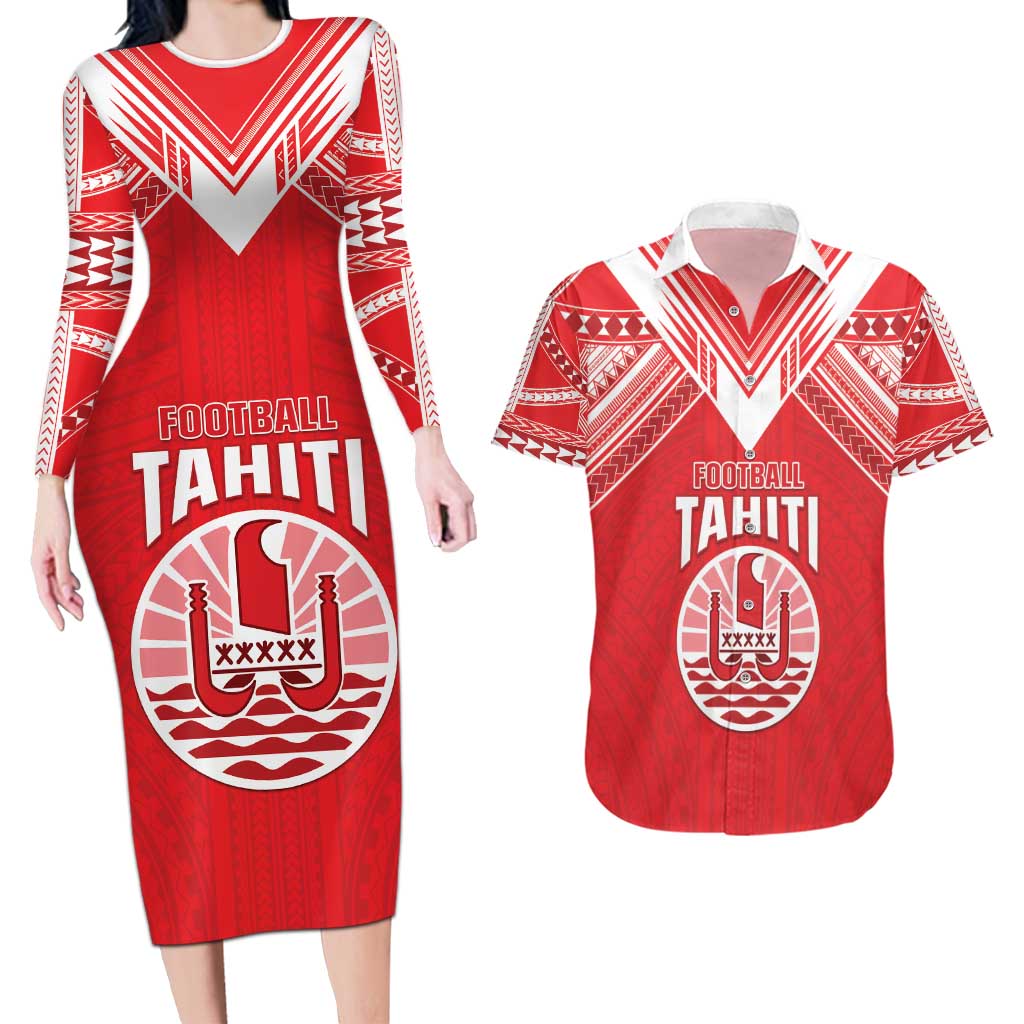 Custom Tahiti Football Couples Matching Long Sleeve Bodycon Dress and Hawaiian Shirt Coat Of Arms Polynesian Tribal Pattern