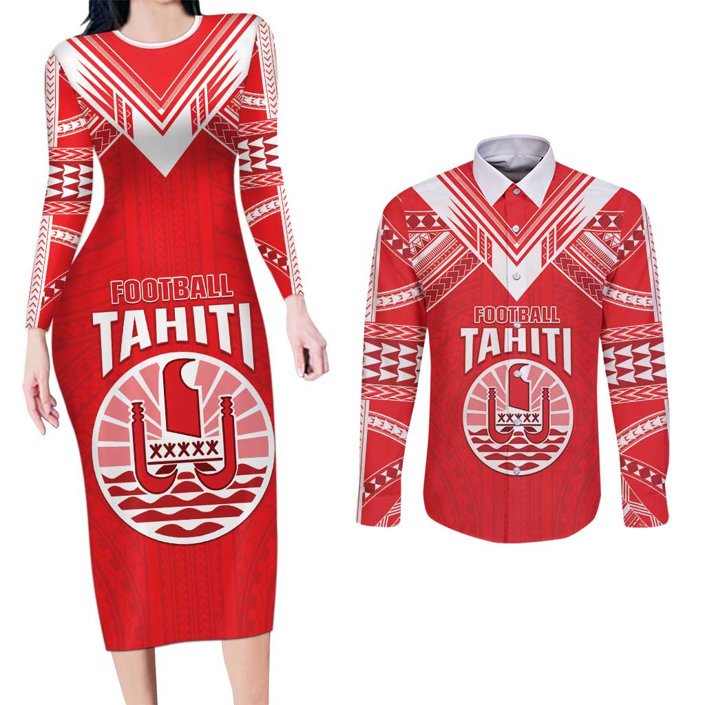 Custom Tahiti Football Couples Matching Long Sleeve Bodycon Dress and Long Sleeve Button Shirt Coat Of Arms Polynesian Tribal Pattern