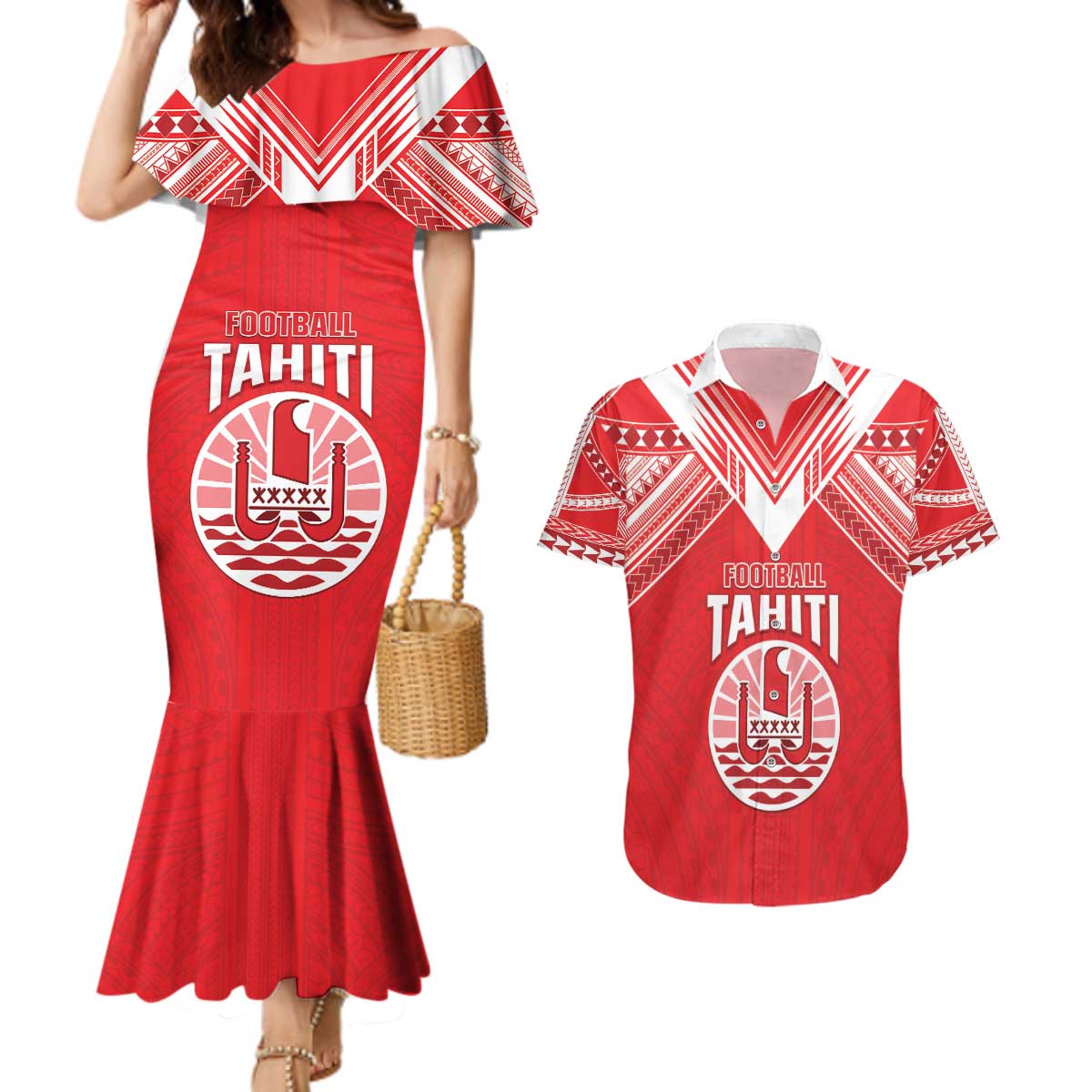 Custom Tahiti Football Couples Matching Mermaid Dress and Hawaiian Shirt Coat Of Arms Polynesian Tribal Pattern