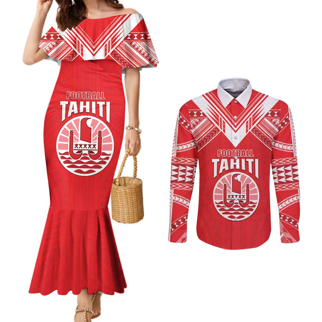 Custom Tahiti Football Couples Matching Mermaid Dress and Long Sleeve Button Shirt Coat Of Arms Polynesian Tribal Pattern