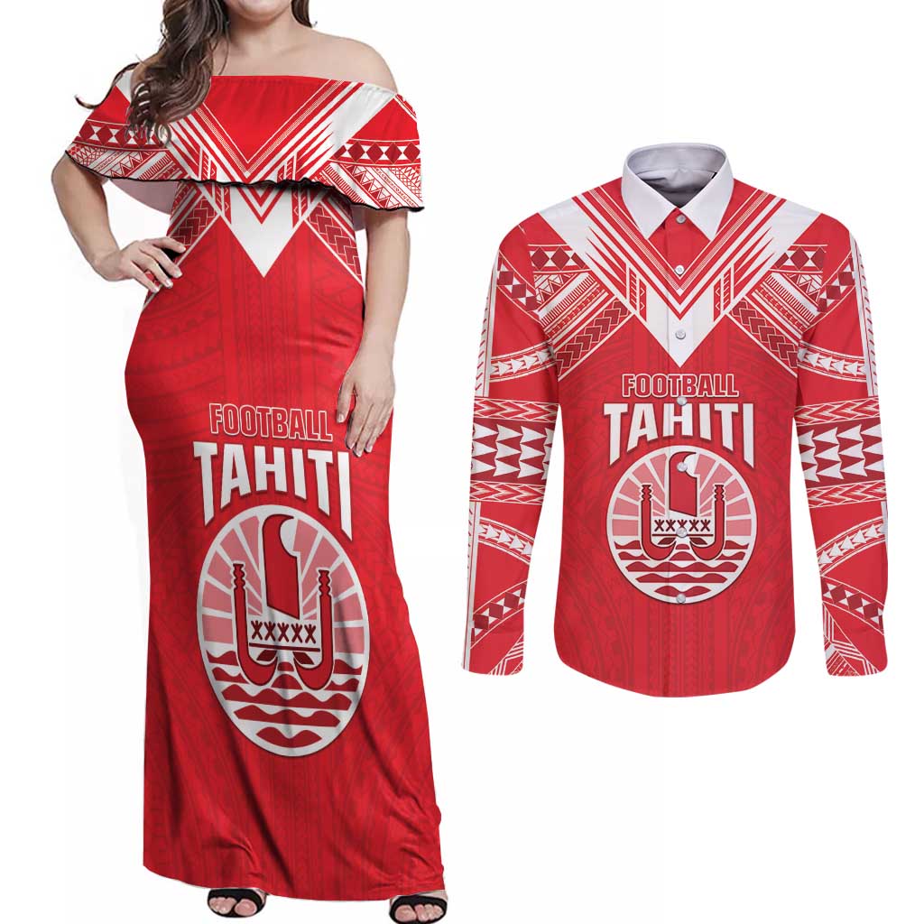 Custom Tahiti Football Couples Matching Off Shoulder Maxi Dress and Long Sleeve Button Shirt Coat Of Arms Polynesian Tribal Pattern