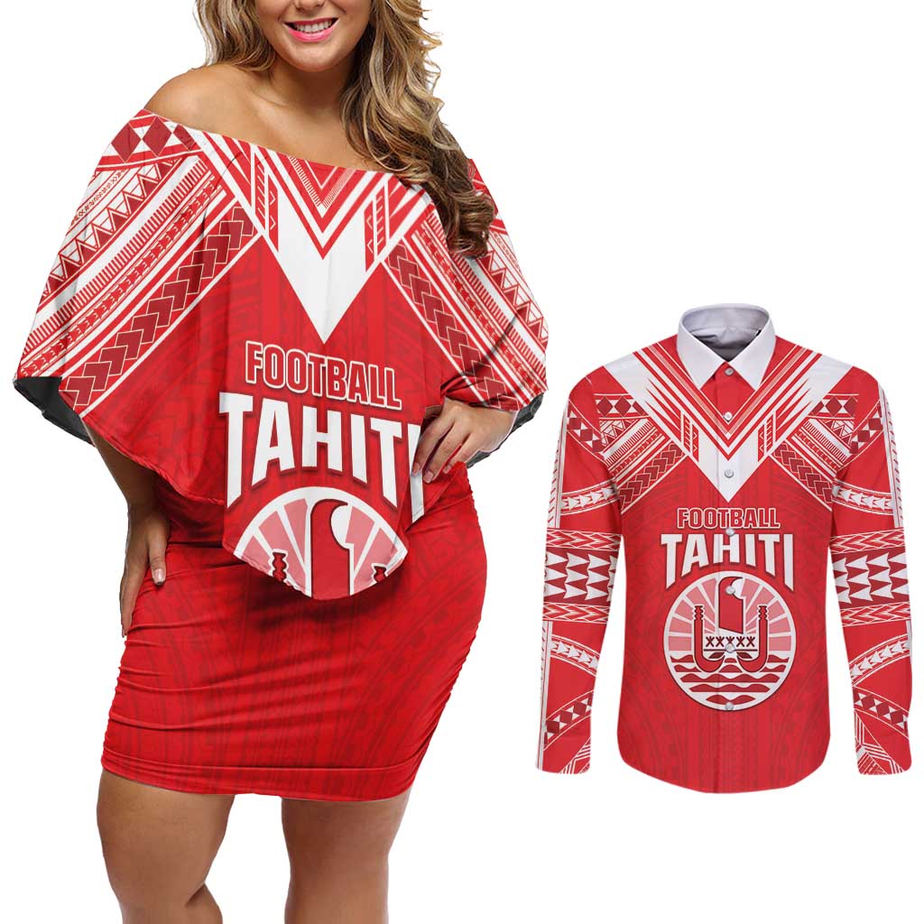 Custom Tahiti Football Couples Matching Off Shoulder Short Dress and Long Sleeve Button Shirt Coat Of Arms Polynesian Tribal Pattern