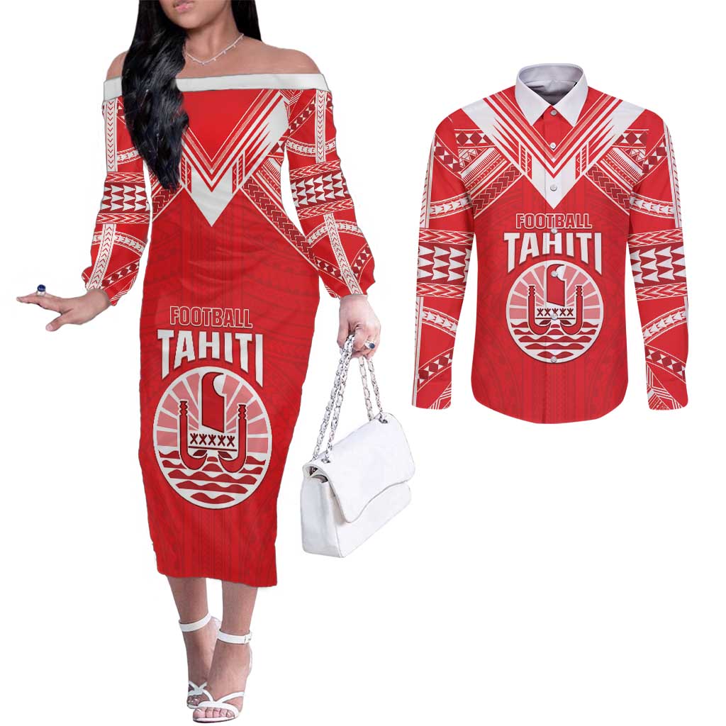 Custom Tahiti Football Couples Matching Off The Shoulder Long Sleeve Dress and Long Sleeve Button Shirt Coat Of Arms Polynesian Tribal Pattern