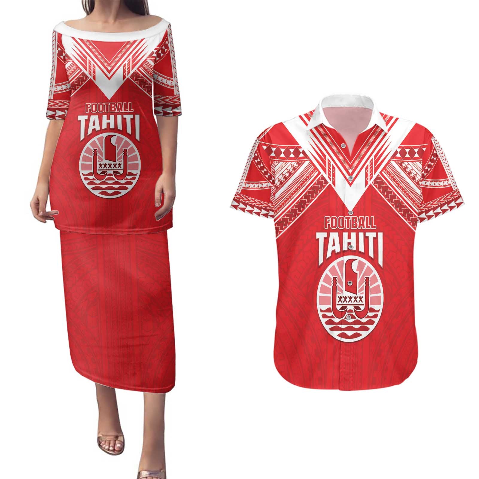 Custom Tahiti Football Couples Matching Puletasi and Hawaiian Shirt Coat Of Arms Polynesian Tribal Pattern