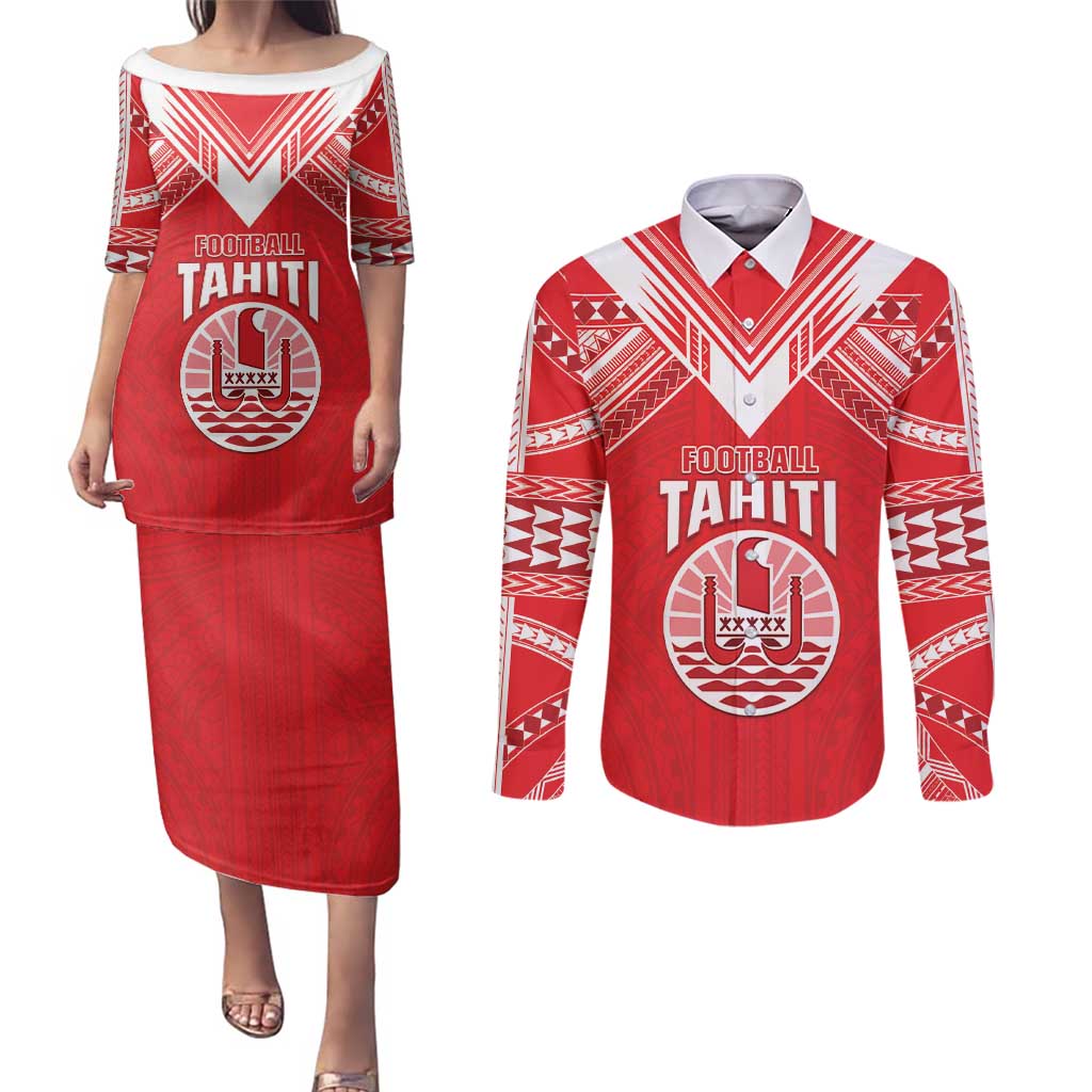 Custom Tahiti Football Couples Matching Puletasi and Long Sleeve Button Shirt Coat Of Arms Polynesian Tribal Pattern