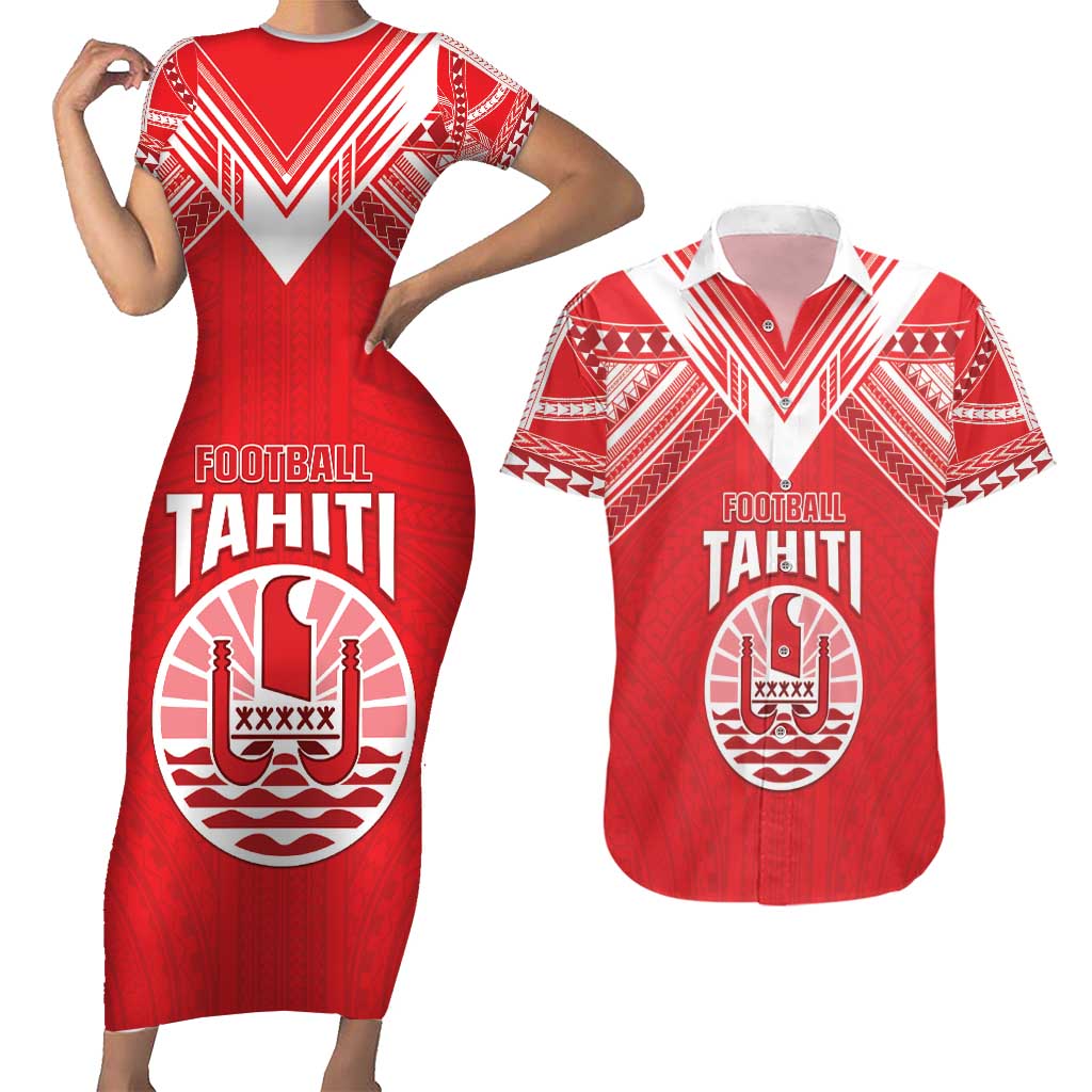 Custom Tahiti Football Couples Matching Short Sleeve Bodycon Dress and Hawaiian Shirt Coat Of Arms Polynesian Tribal Pattern