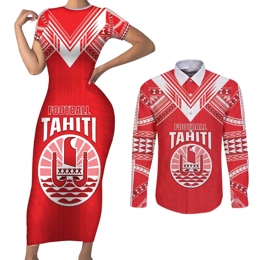 Custom Tahiti Football Couples Matching Short Sleeve Bodycon Dress and Long Sleeve Button Shirt Coat Of Arms Polynesian Tribal Pattern