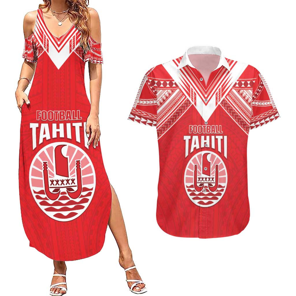 Custom Tahiti Football Couples Matching Summer Maxi Dress and Hawaiian Shirt Coat Of Arms Polynesian Tribal Pattern