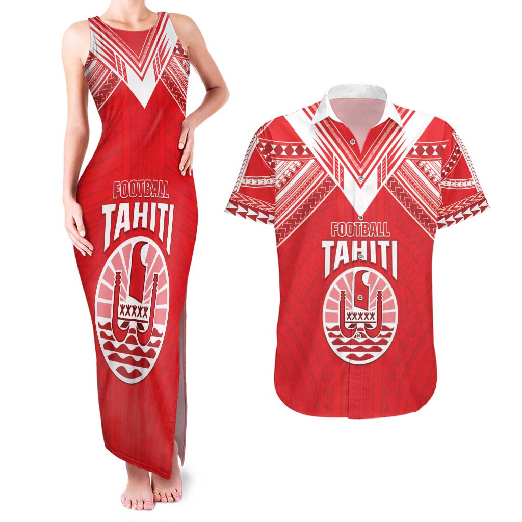 Custom Tahiti Football Couples Matching Tank Maxi Dress and Hawaiian Shirt Coat Of Arms Polynesian Tribal Pattern