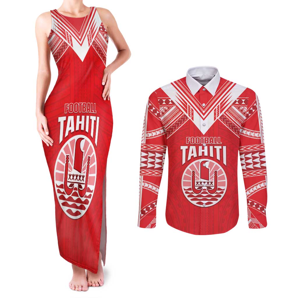 Custom Tahiti Football Couples Matching Tank Maxi Dress and Long Sleeve Button Shirt Coat Of Arms Polynesian Tribal Pattern