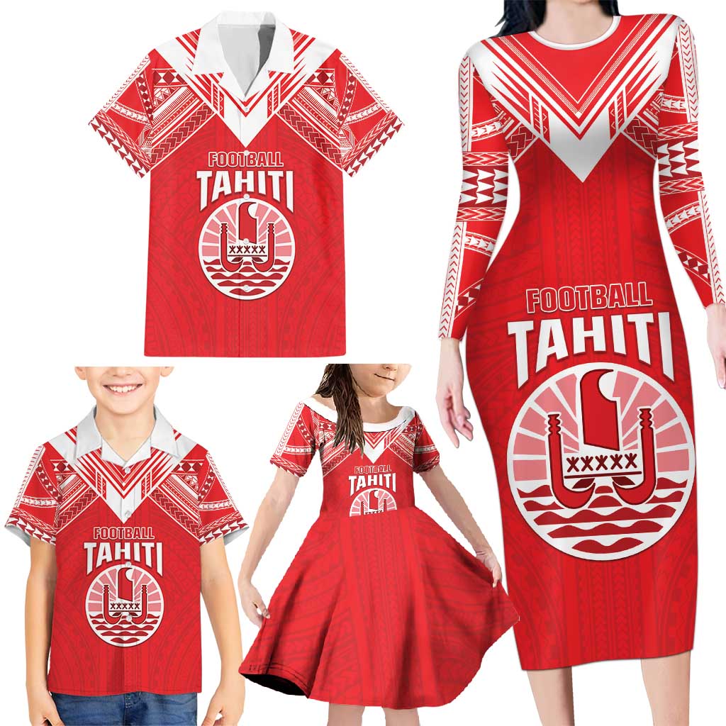 Custom Tahiti Football Family Matching Long Sleeve Bodycon Dress and Hawaiian Shirt Coat Of Arms Polynesian Tribal Pattern