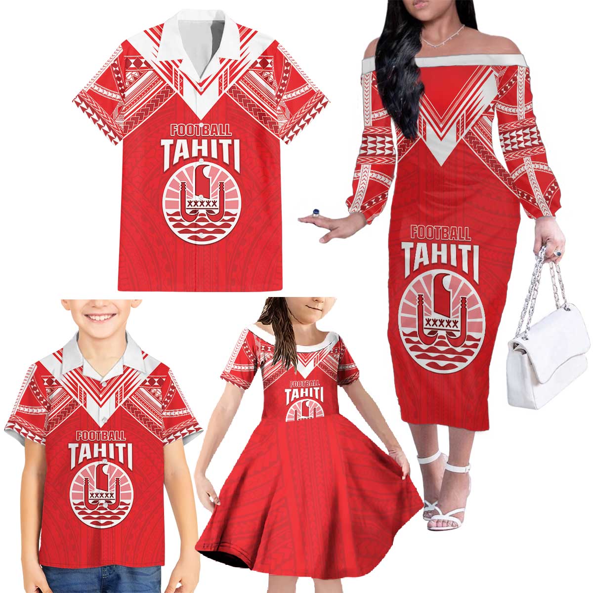 Custom Tahiti Football Family Matching Off The Shoulder Long Sleeve Dress and Hawaiian Shirt Coat Of Arms Polynesian Tribal Pattern