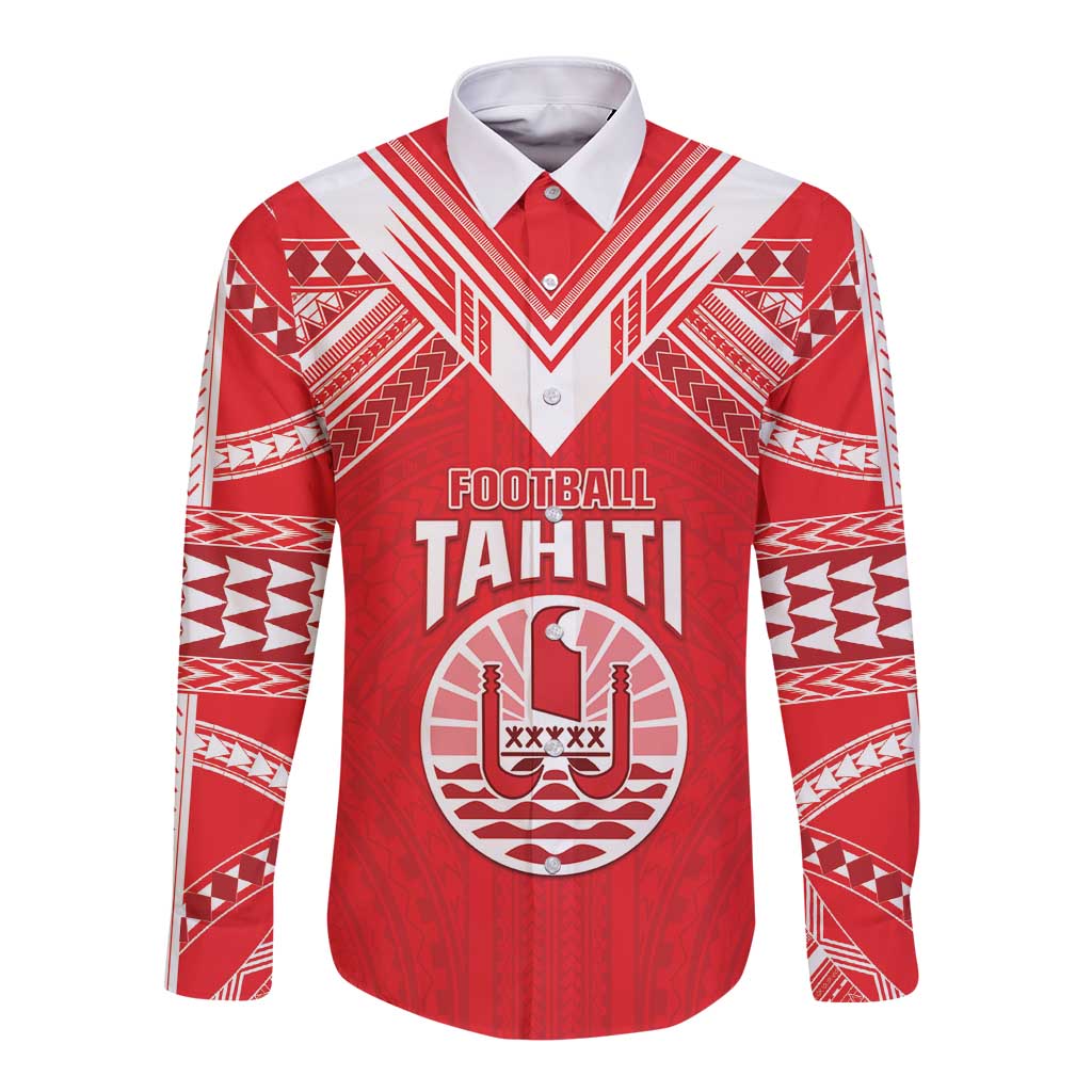 Custom Tahiti Football Long Sleeve Button Shirt Coat Of Arms Polynesian Tribal Pattern