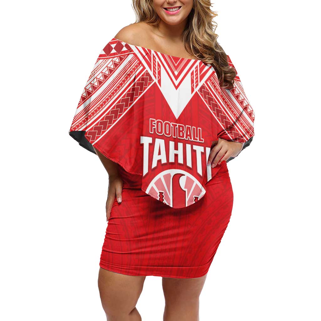 Custom Tahiti Football Off Shoulder Short Dress Coat Of Arms Polynesian Tribal Pattern LT05 Women Red - Polynesian Pride