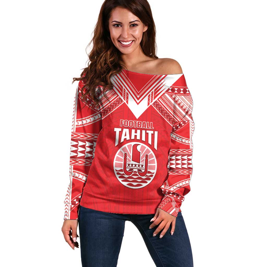 Custom Tahiti Football Off Shoulder Sweater Coat Of Arms Polynesian Tribal Pattern