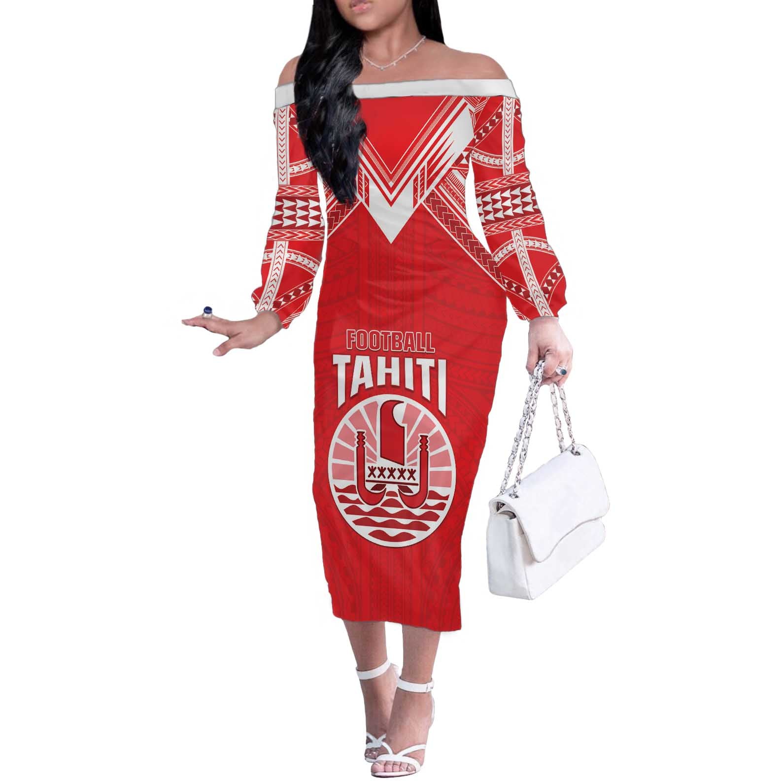 Custom Tahiti Football Off The Shoulder Long Sleeve Dress Coat Of Arms Polynesian Tribal Pattern