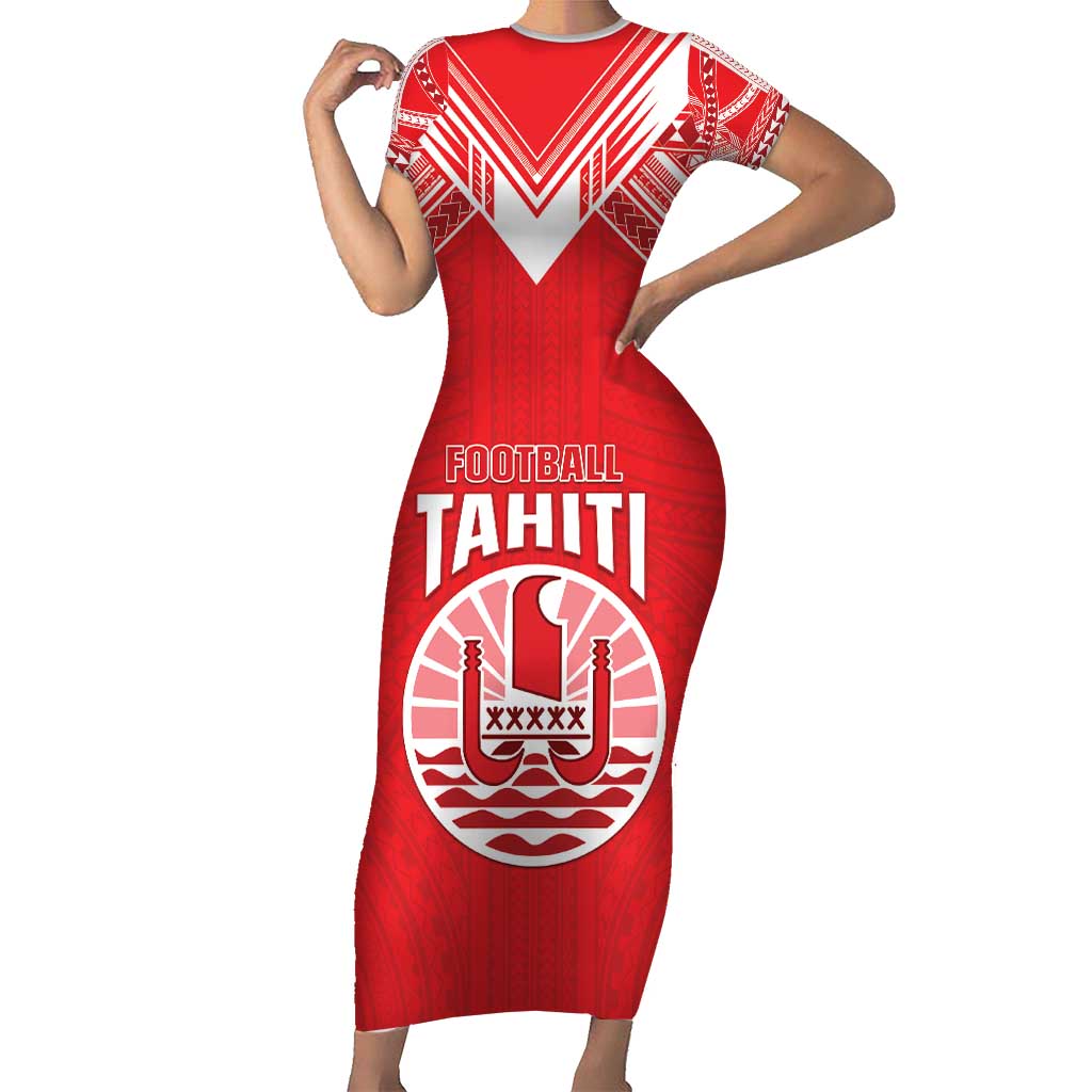 Custom Tahiti Football Short Sleeve Bodycon Dress Coat Of Arms Polynesian Tribal Pattern