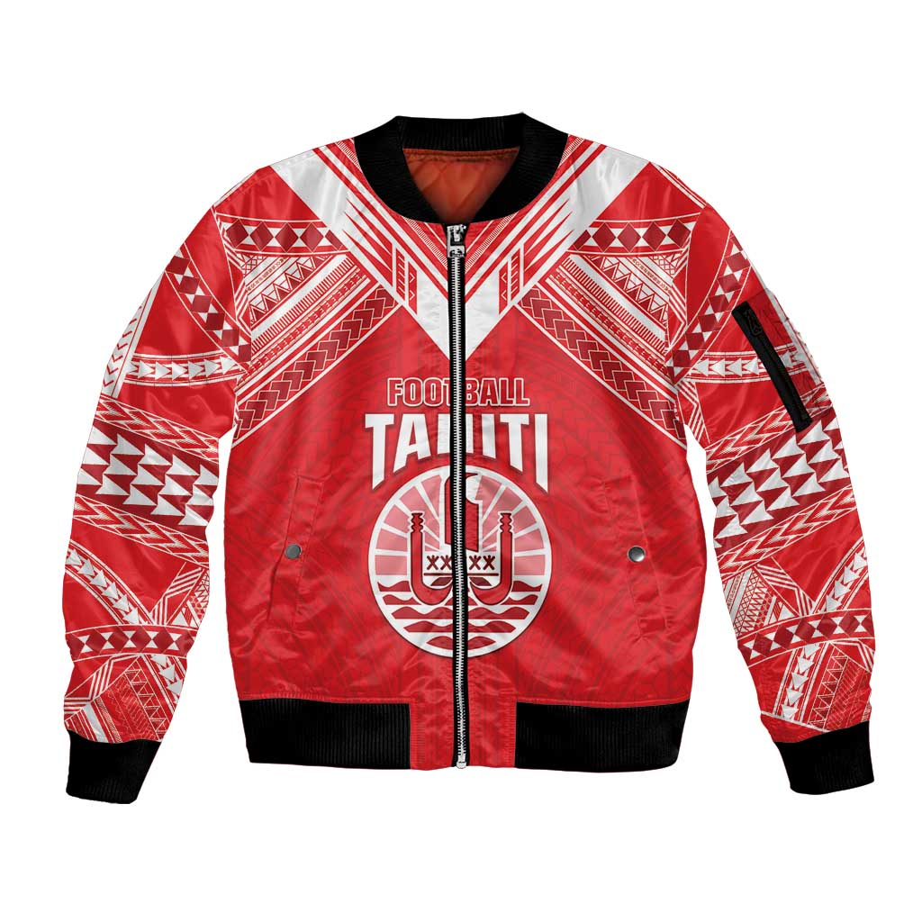 Custom Tahiti Football Sleeve Zip Bomber Jacket Coat Of Arms Polynesian Tribal Pattern LT05 Unisex Red - Polynesian Pride