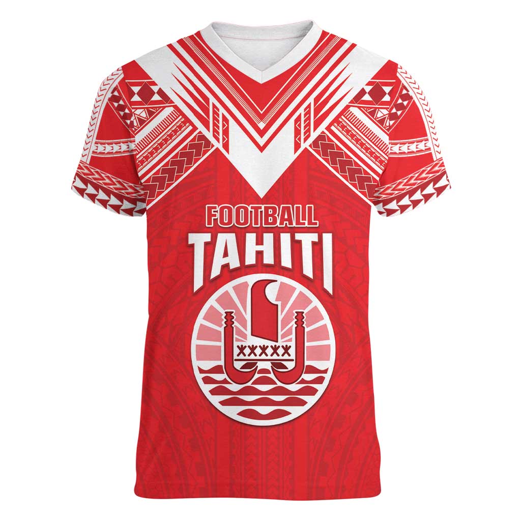 Custom Tahiti Football Women V-Neck T-Shirt Coat Of Arms Polynesian Tribal Pattern