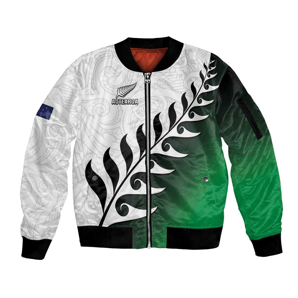 Custom New Zealand Football Sleeve Zip Bomber Jacket Go Aotearoa LT05 Unisex Green - Polynesian Pride