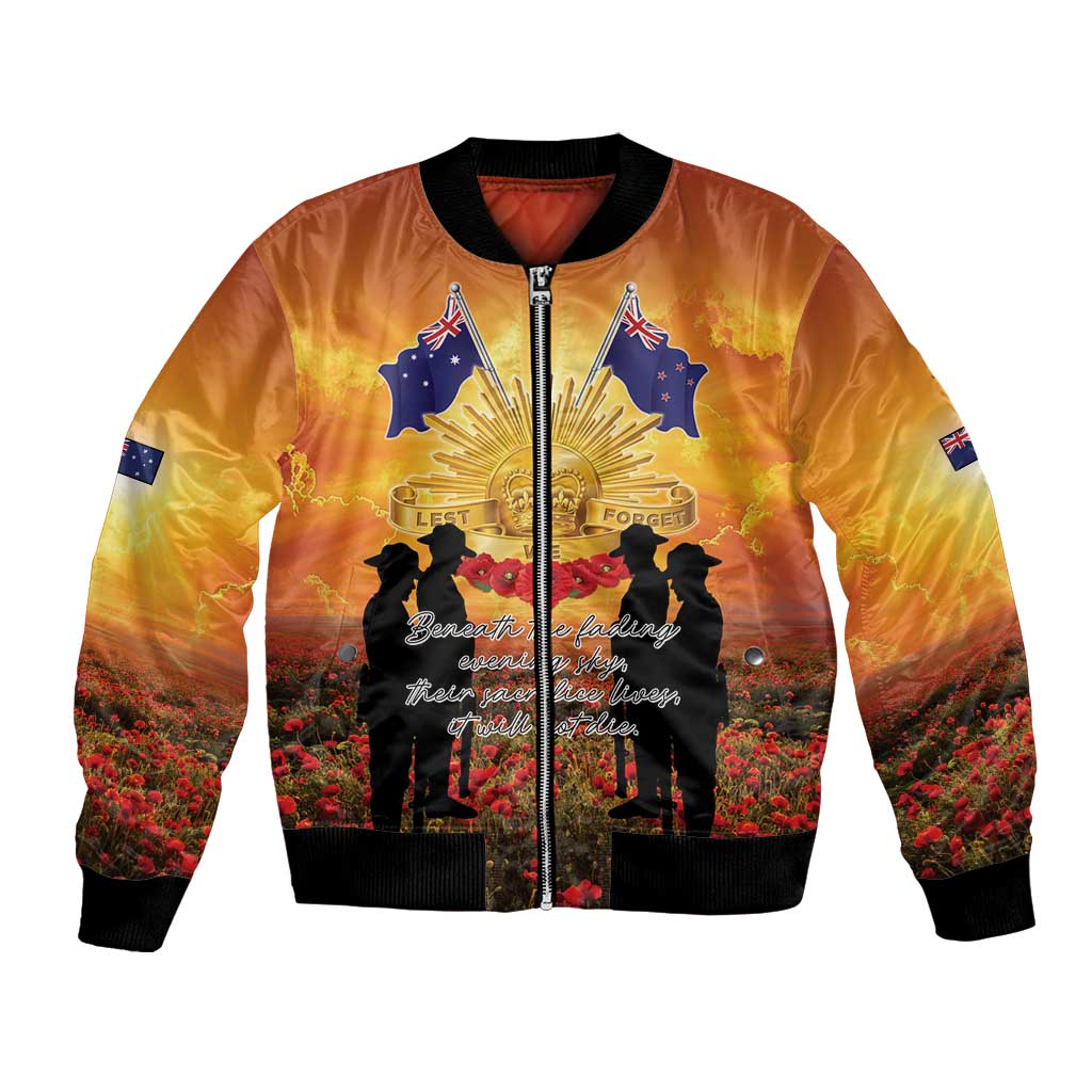ANZAC Day Bomber Jacket Remembrance Tribute Soldiers And Poppy Field LT05 Unisex Orange - Polynesian Pride