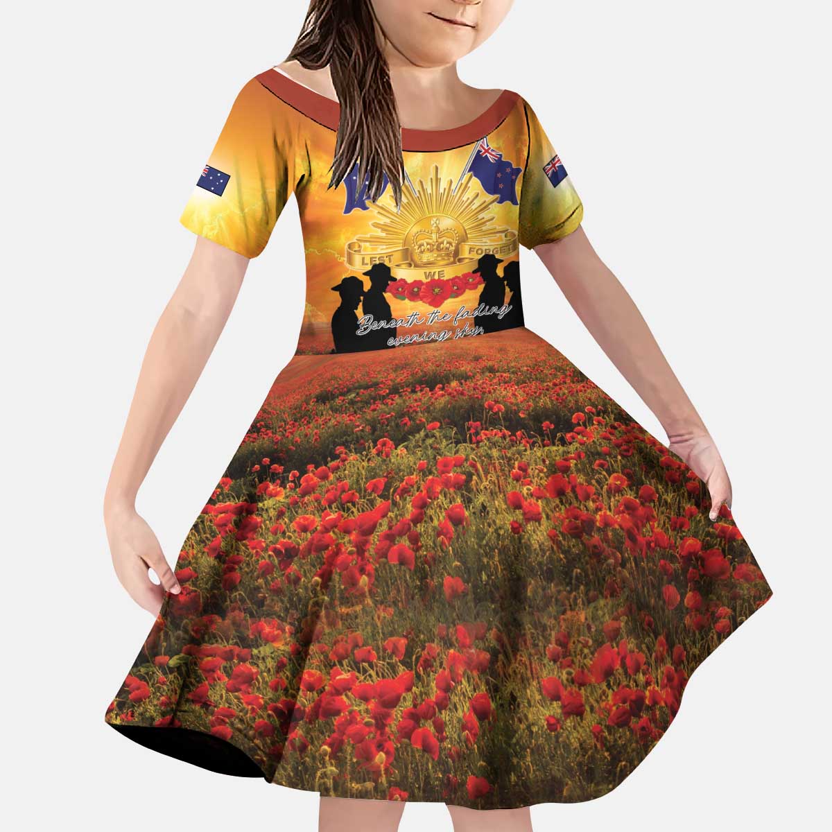 ANZAC Day Kid Short Sleeve Dress Remembrance Tribute Soldiers And Poppy Field LT05 KID Orange - Polynesian Pride