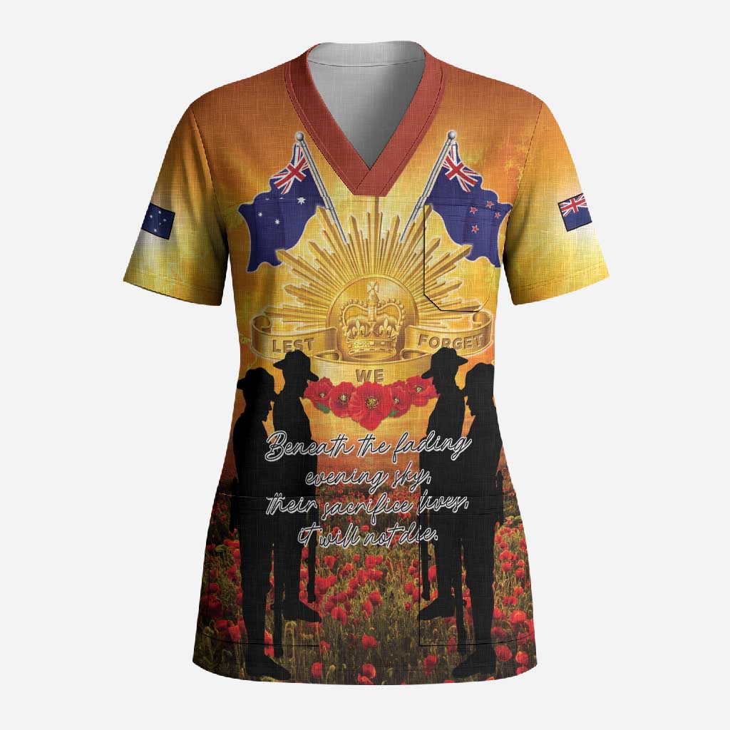 ANZAC Day Scrub Top Remembrance Tribute Soldiers And Poppy Field LT05 Adult Orange - Polynesian Pride