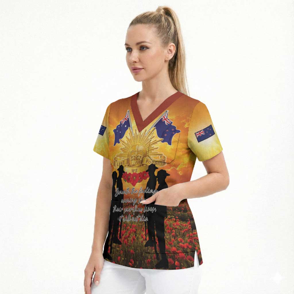 ANZAC Day Scrub Top Remembrance Tribute Soldiers And Poppy Field LT05 - Polynesian Pride