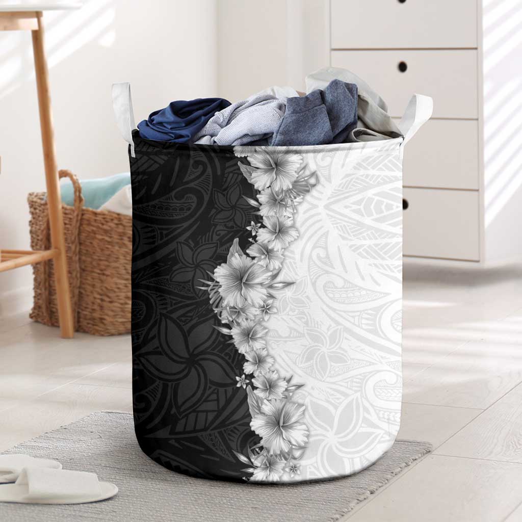 Hawaii Hibiscus Flowers Laundry Basket Grayscale Polynesian Pattern LT05 Black - Polynesian Pride