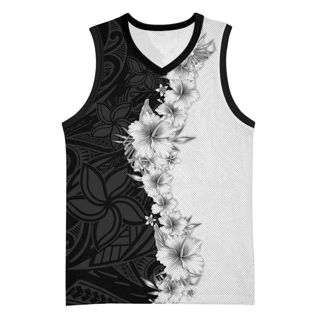 Hawaii Hibiscus Flowers Basketball Jersey Grayscale Polynesian Pattern LT05 Unisex Black - Polynesian Pride